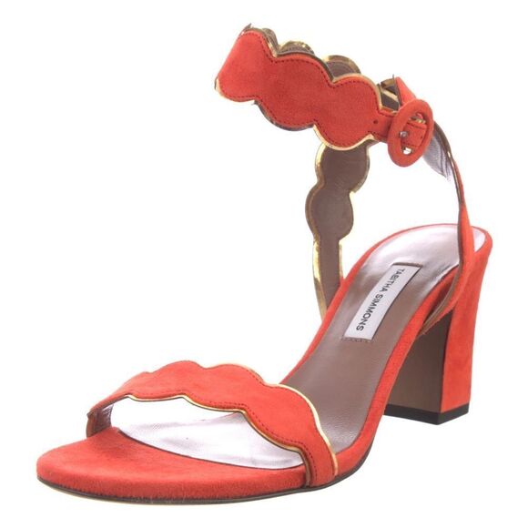 Revolve Tabitha Simmons Orange Suede Leather Scalloped Sandals Block Heels - Picture 2 of 11